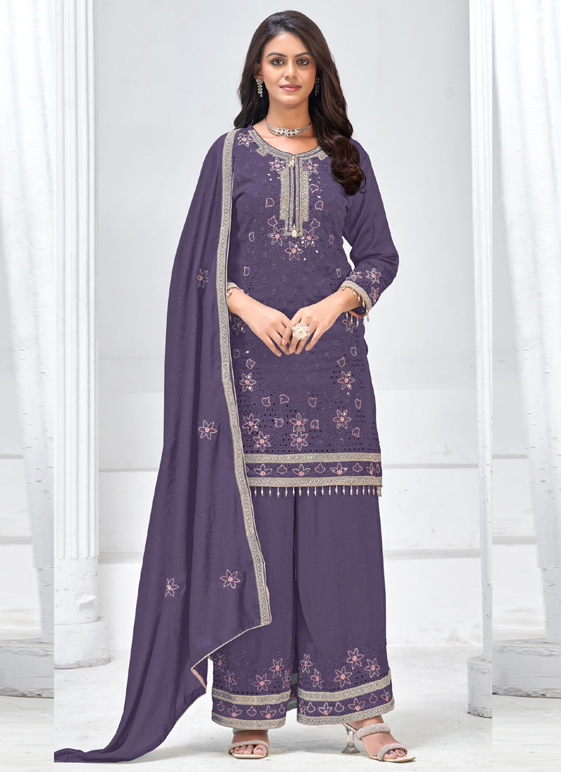 Vegaa Fashion Violet Vichitra Silk Embroidered Palazzo Suit - Distacart
