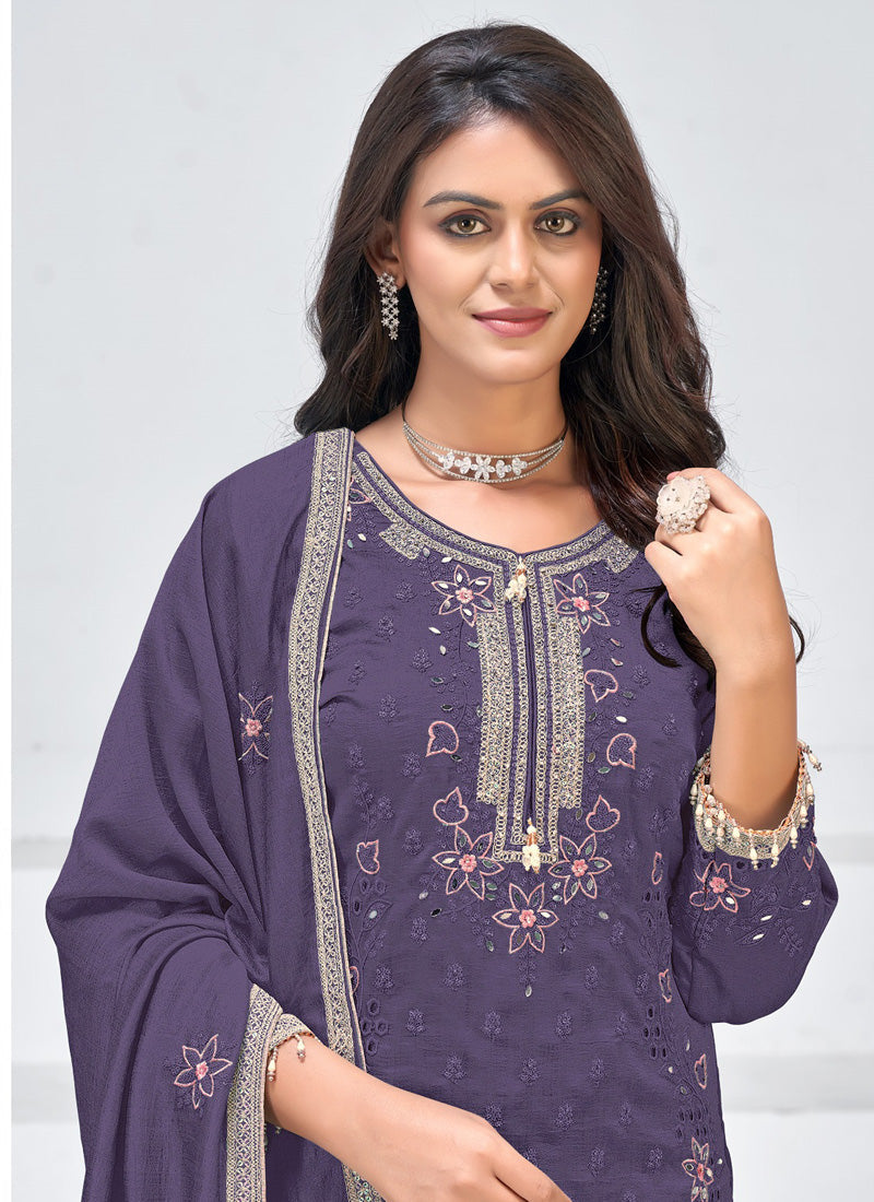 Vegaa Fashion Violet Vichitra Silk Embroidered Palazzo Suit - Distacart