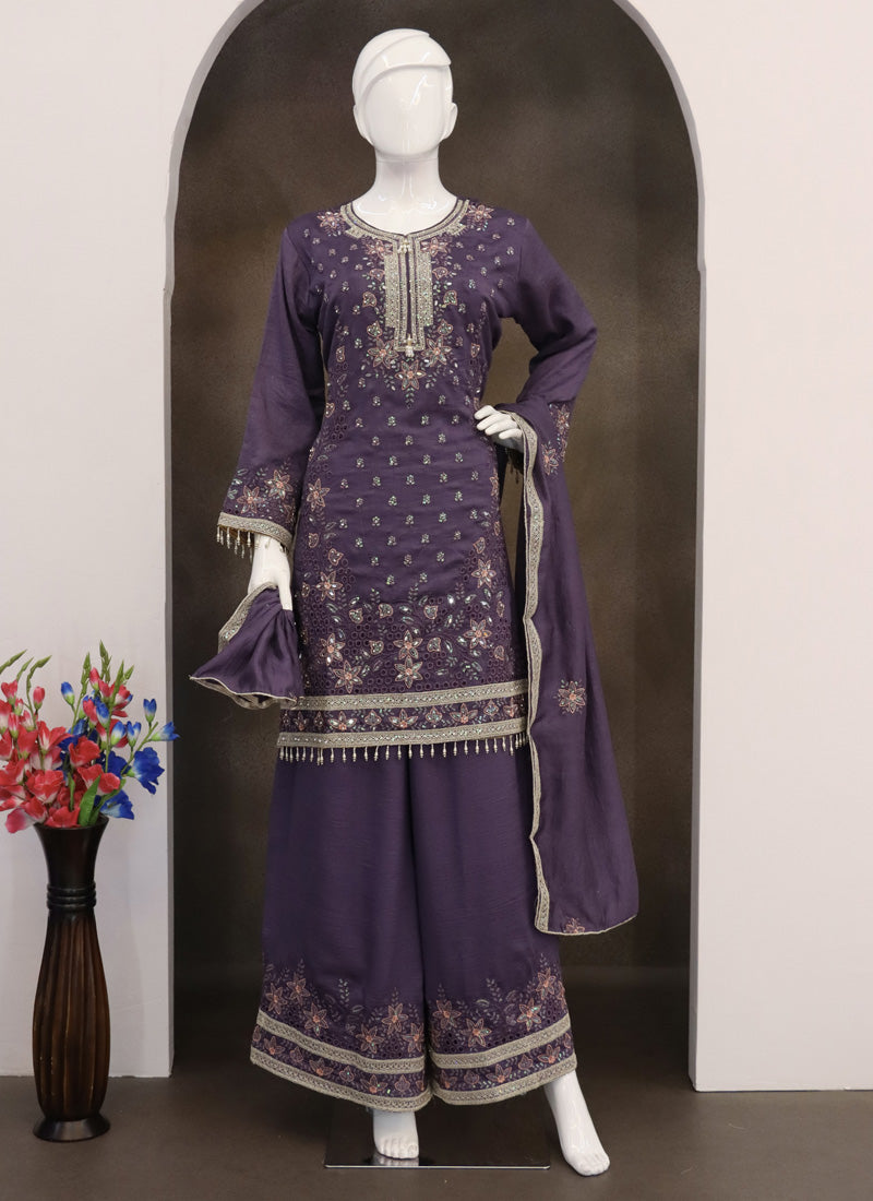 Vegaa Fashion Violet Vichitra Silk Embroidered Palazzo Suit - Distacart