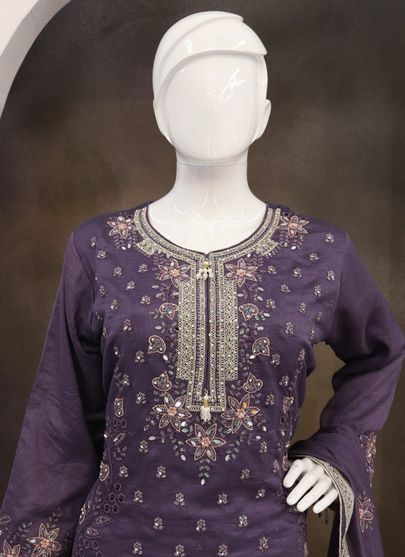 Vegaa Fashion Violet Vichitra Silk Embroidered Palazzo Suit - Distacart