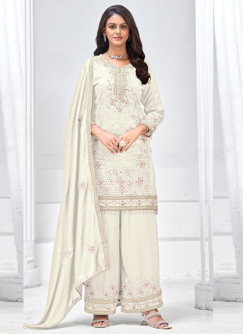 Vegaa Fashion Off White Vichitra Silk Embroidered Palazzo Suit - Distacart