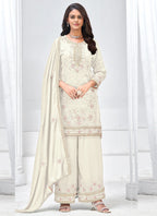 Vegaa Fashion Off White Vichitra Silk Embroidered Palazzo Suit - Distacart
