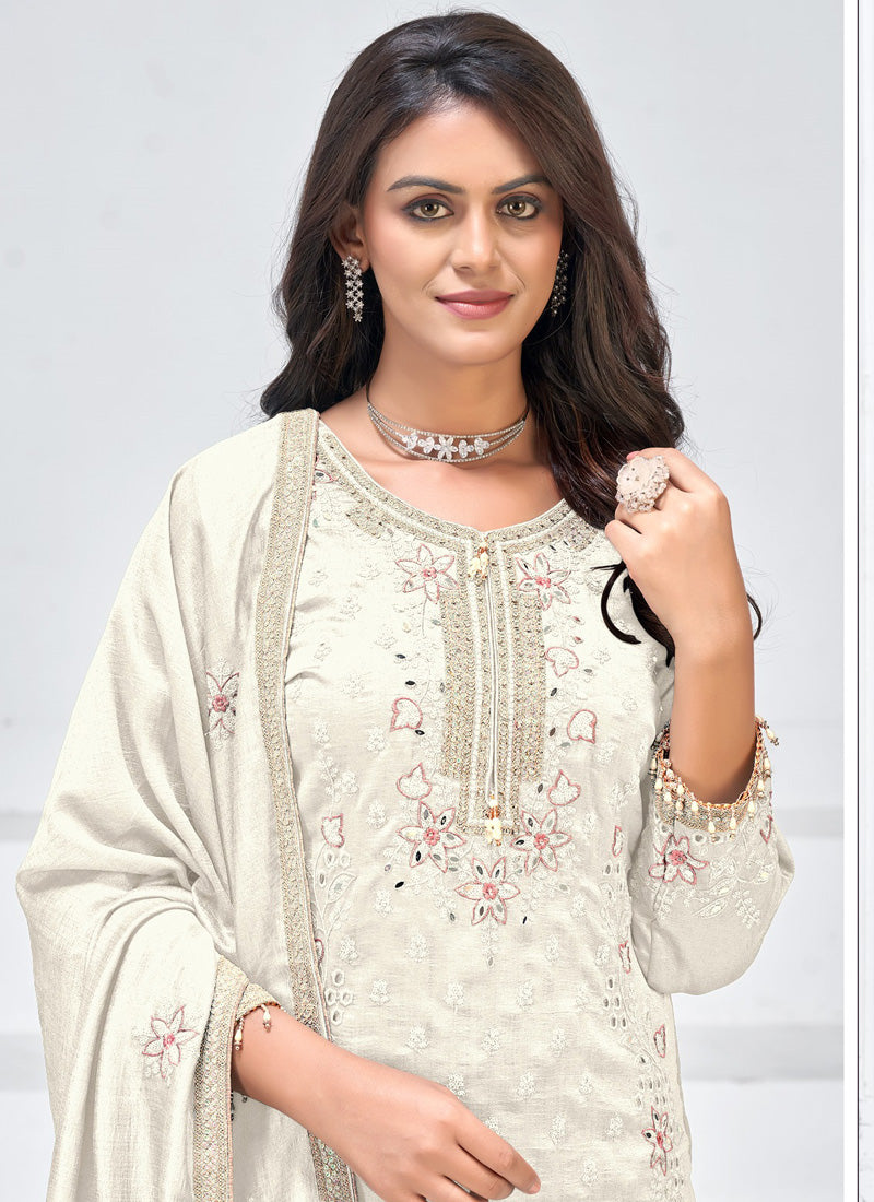Vegaa Fashion Off White Vichitra Silk Embroidered Palazzo Suit - Distacart