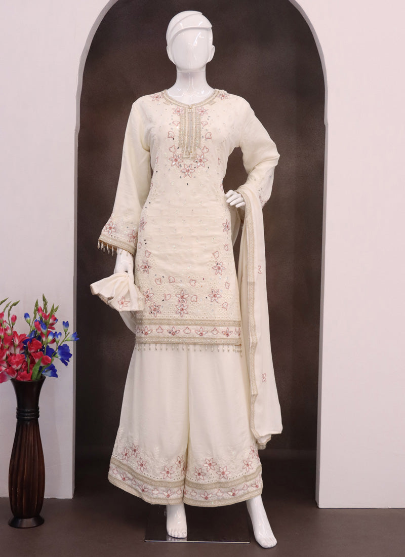 Vegaa Fashion Off White Vichitra Silk Embroidered Palazzo Suit - Distacart