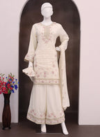 Vegaa Fashion Off White Vichitra Silk Embroidered Palazzo Suit - Distacart
