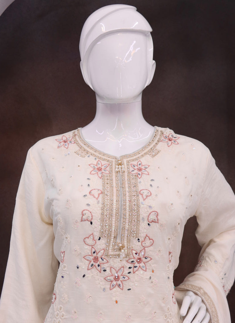Vegaa Fashion Off White Vichitra Silk Embroidered Palazzo Suit - Distacart