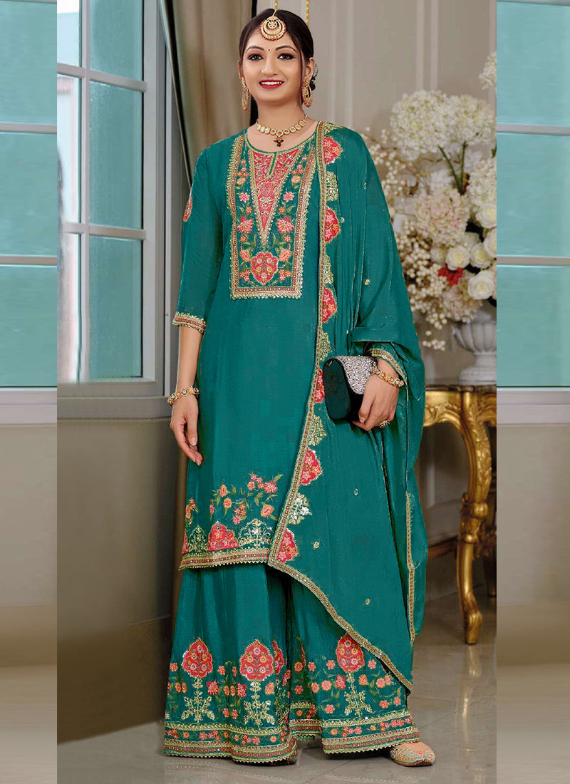 Vegaa Fashion Rama Green Chinon Silk Embroidered Designer Palazzo Suit - Distacart