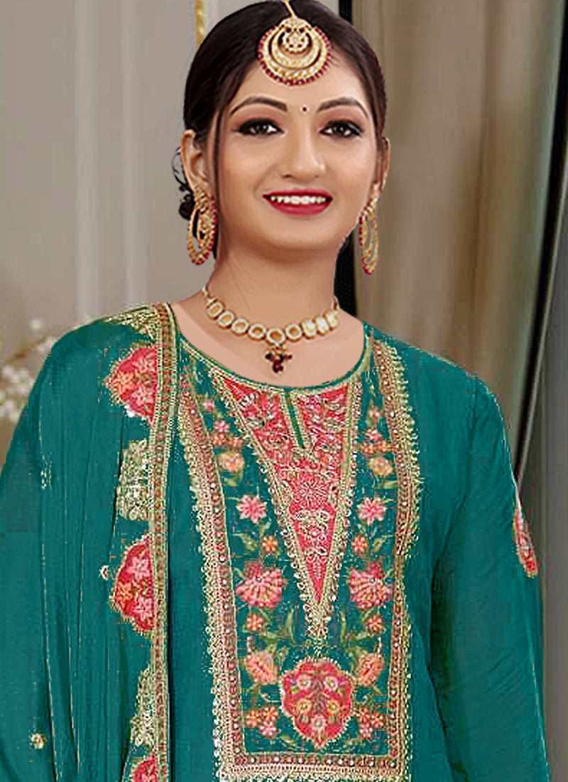 Vegaa Fashion Rama Green Chinon Silk Embroidered Designer Palazzo Suit - Distacart