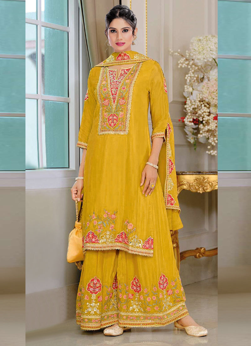 Vegaa Fashion Yellow Chinon Silk Embroidered Designer Palazzo Suit - Distacart