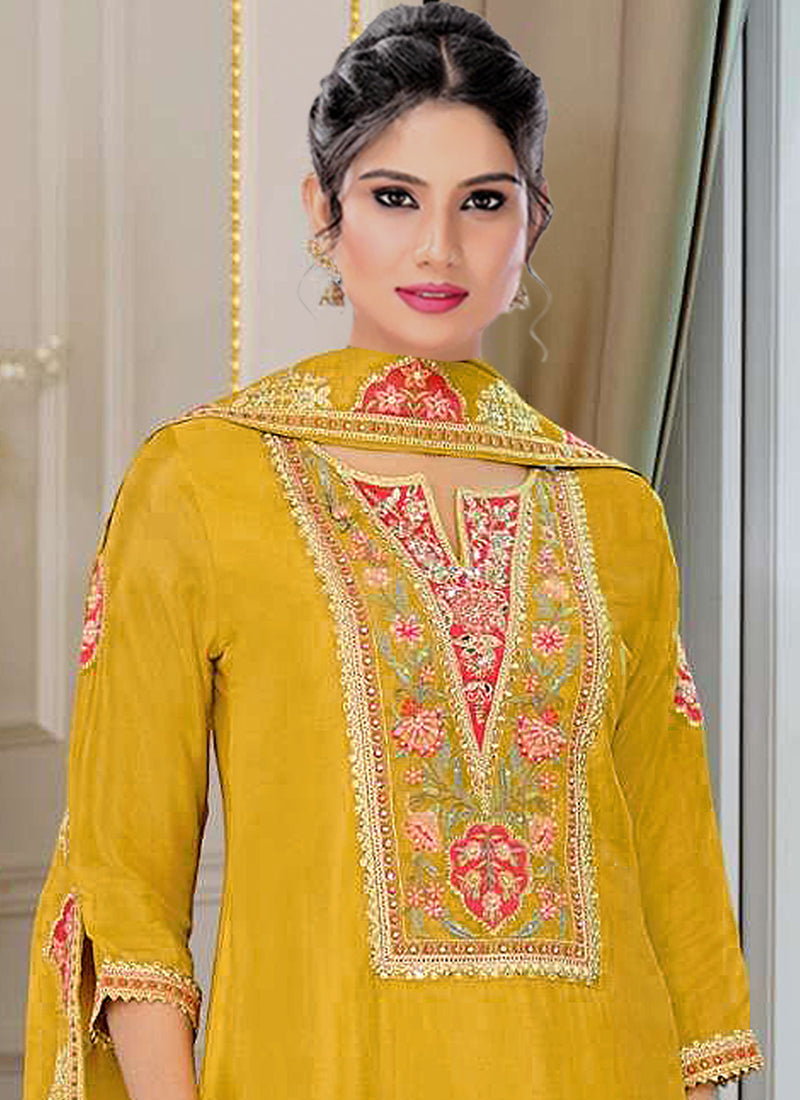 Vegaa Fashion Yellow Chinon Silk Embroidered Designer Palazzo Suit - Distacart