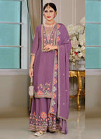 Vegaa Fashion Onion Pink Chinon Silk Embroidered Designer Palazzo Suit - Distacart