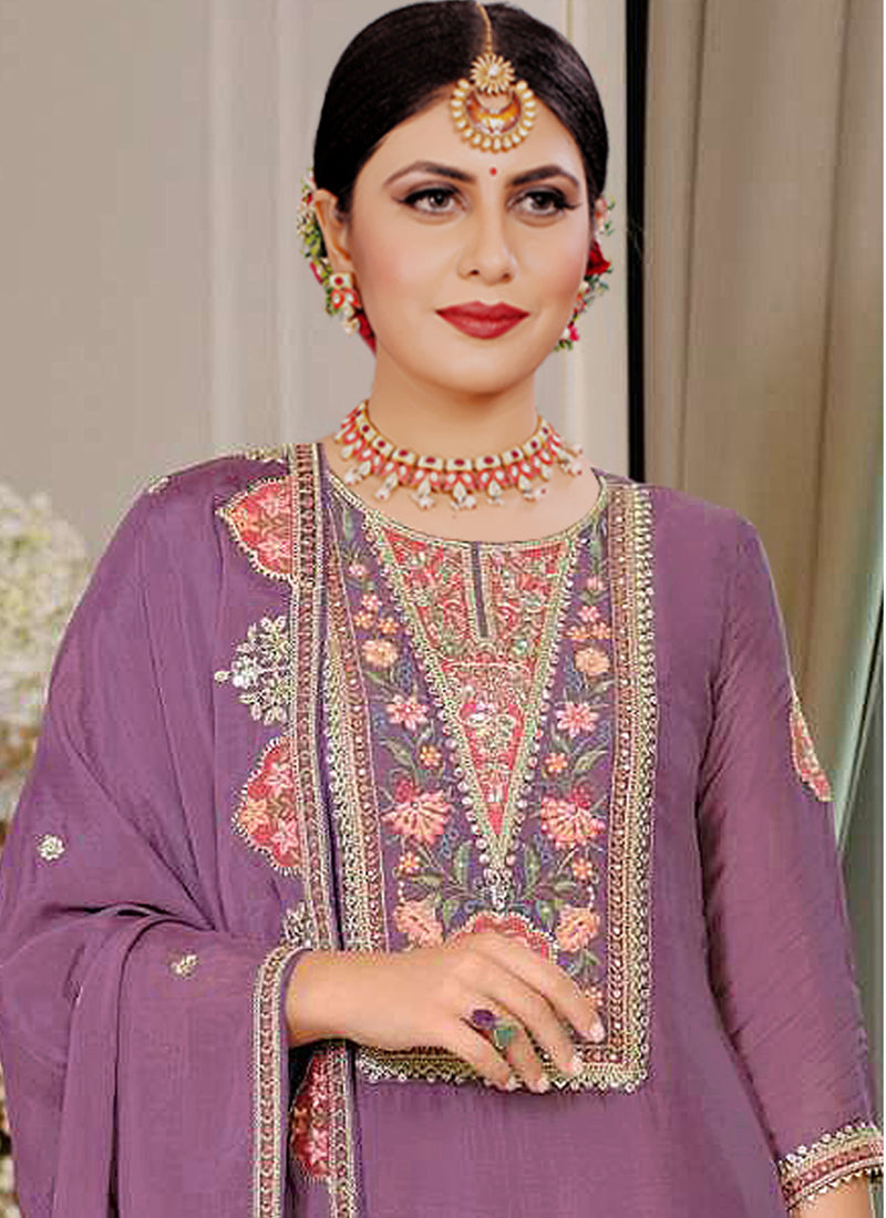 Vegaa Fashion Onion Pink Chinon Silk Embroidered Designer Palazzo Suit - Distacart