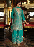 Vegaa Fashion Turquoise Chinon Silk Embroidered Designer Palazzo Suit - Distacart