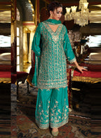 Vegaa Fashion Turquoise Chinon Silk Embroidered Designer Palazzo Suit - Distacart