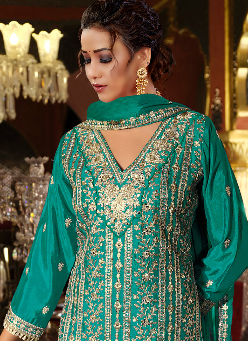 Vegaa Fashion Turquoise Chinon Silk Embroidered Designer Palazzo Suit - Distacart