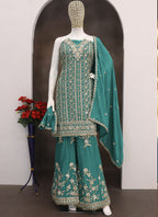 Vegaa Fashion Turquoise Chinon Silk Embroidered Designer Palazzo Suit - Distacart