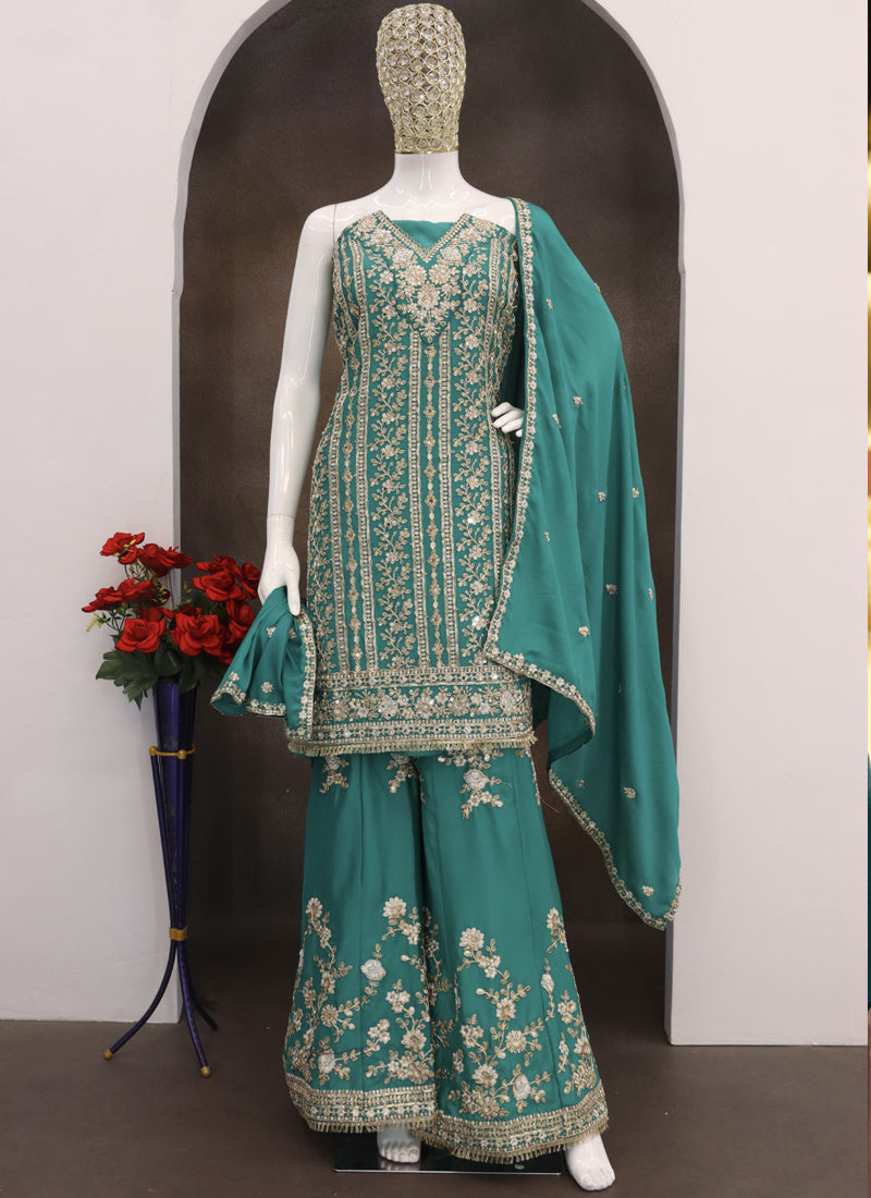 Vegaa Fashion Turquoise Chinon Silk Embroidered Designer Palazzo Suit - Distacart