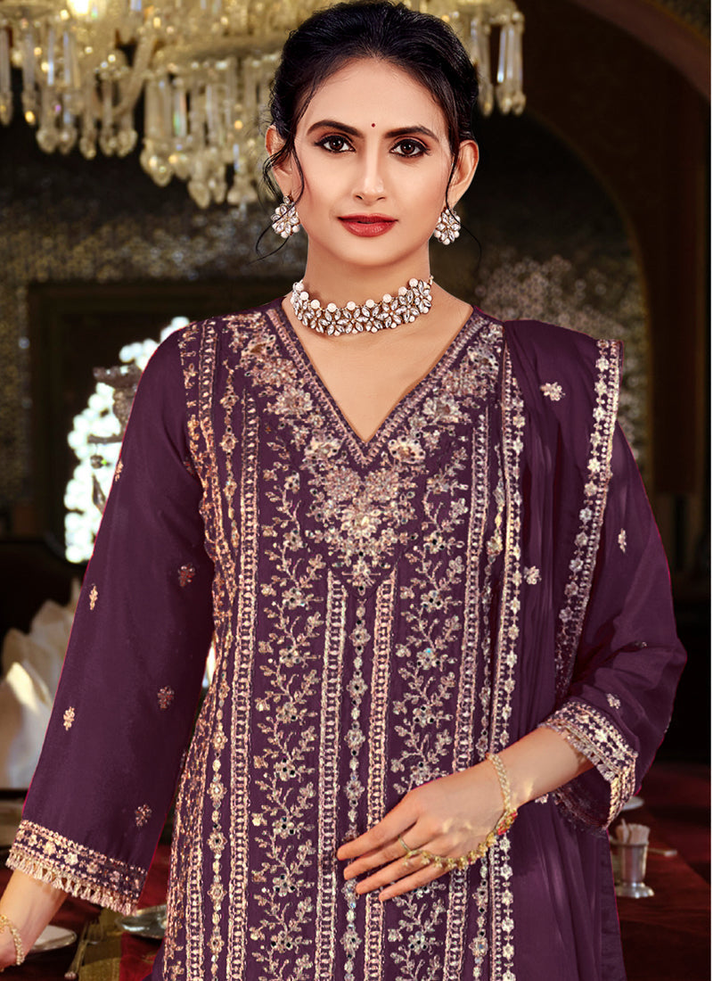 Vegaa Fashion Purple Chinon Silk Embroidered Designer Palazzo Suit - Distacart