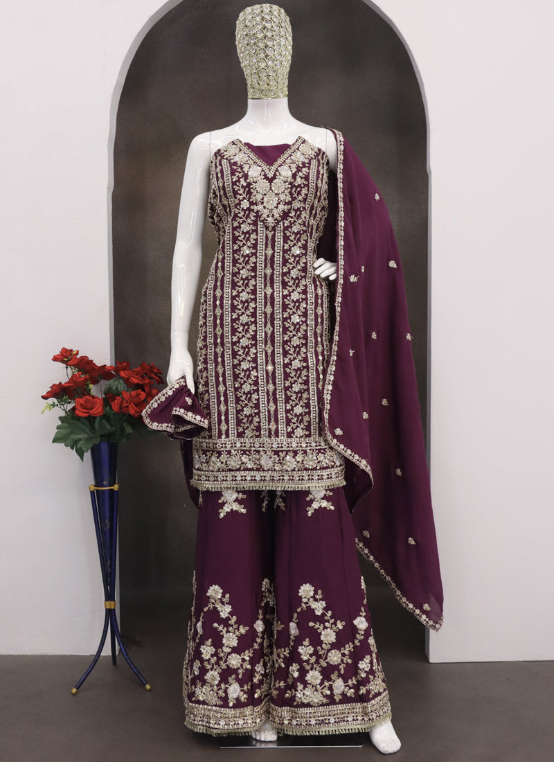 Vegaa Fashion Purple Chinon Silk Embroidered Designer Palazzo Suit - Distacart