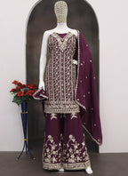Vegaa Fashion Purple Chinon Silk Embroidered Designer Palazzo Suit - Distacart