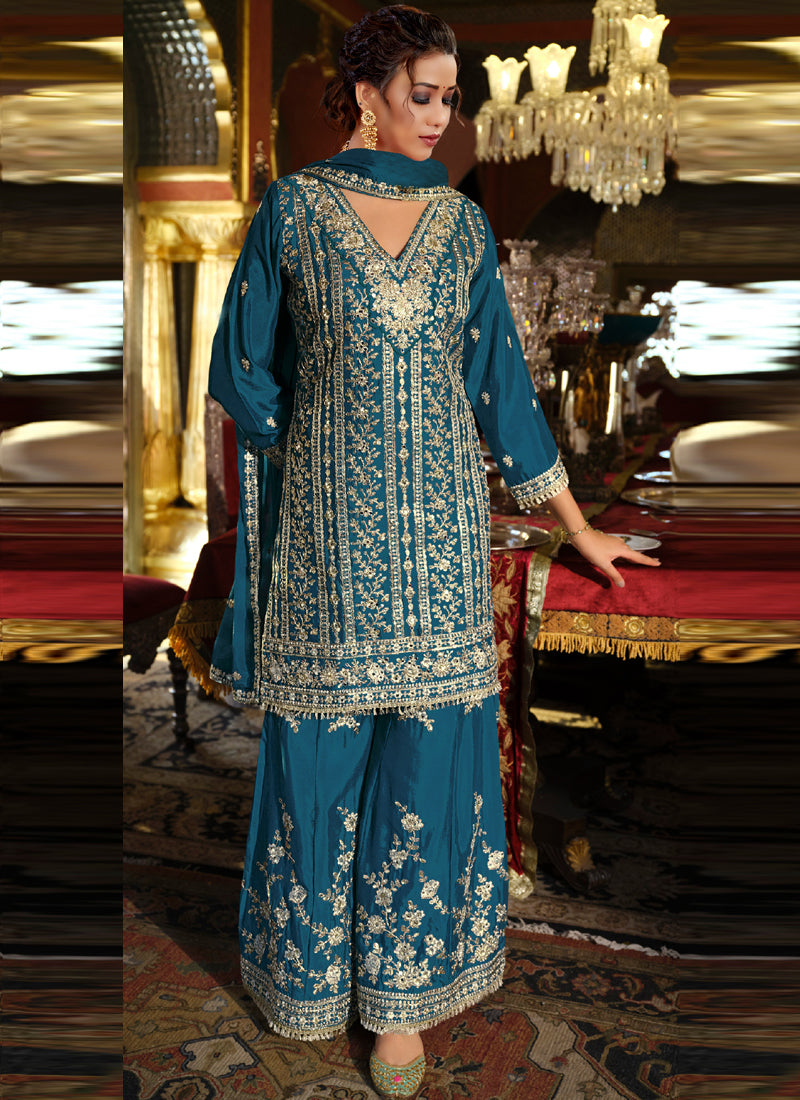 Vegaa Fashion Blue Chinon Silk Embroidered Designer Palazzo Suit - Distacart