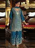 Vegaa Fashion Blue Chinon Silk Embroidered Designer Palazzo Suit - Distacart