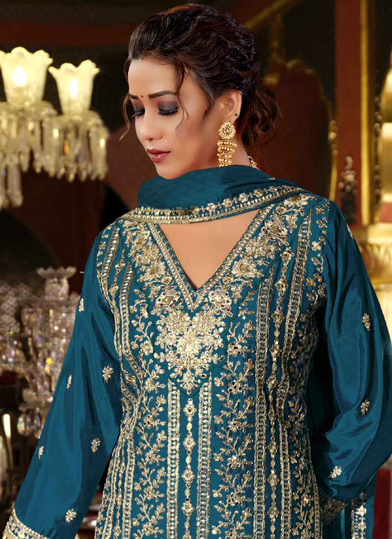Vegaa Fashion Blue Chinon Silk Embroidered Designer Palazzo Suit - Distacart