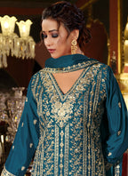 Vegaa Fashion Blue Chinon Silk Embroidered Designer Palazzo Suit - Distacart