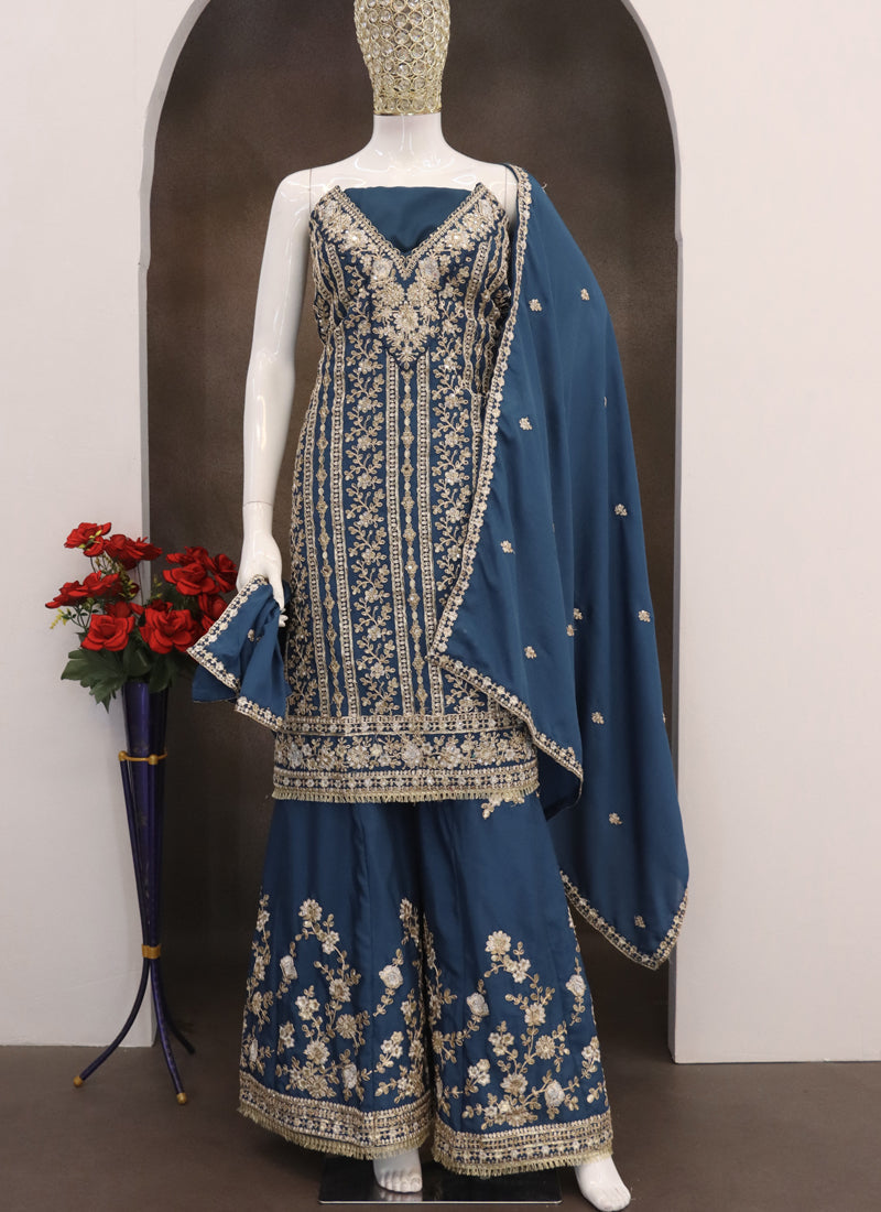 Vegaa Fashion Blue Chinon Silk Embroidered Designer Palazzo Suit - Distacart