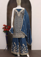 Vegaa Fashion Blue Chinon Silk Embroidered Designer Palazzo Suit - Distacart