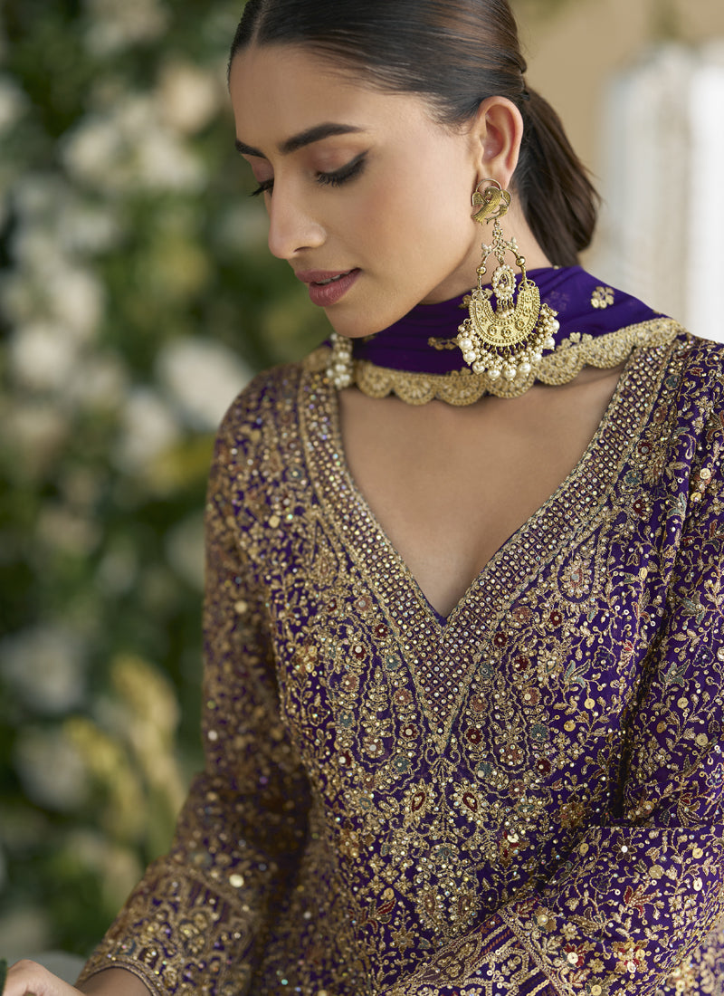 Vegaa Fashion Violet Real Georgette Embroidered Palazzo Suit