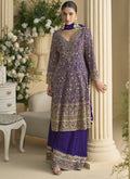 Vegaa Fashion Violet Real Georgette Embroidered Palazzo Suit