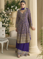 Vegaa Fashion Violet Real Georgette Embroidered Palazzo Suit