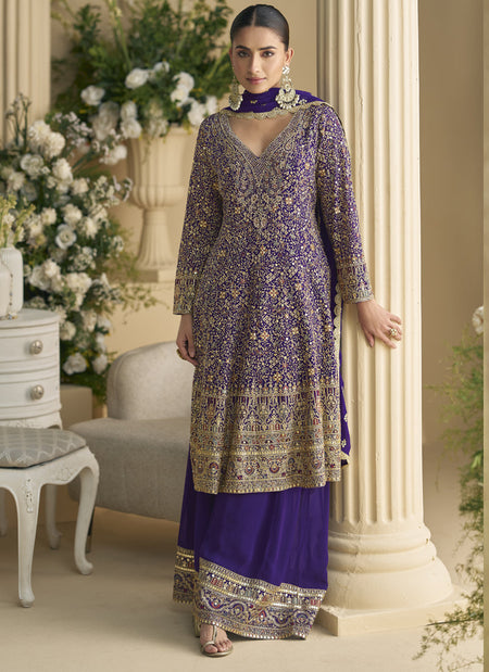 Vegaa Fashion Violet Real Georgette Embroidered Palazzo Suit