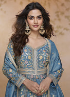 Vegaa Fashion Sky Blue Simar Silk Embroidered Wedding Wear Lehenga Style Suit - Distacart