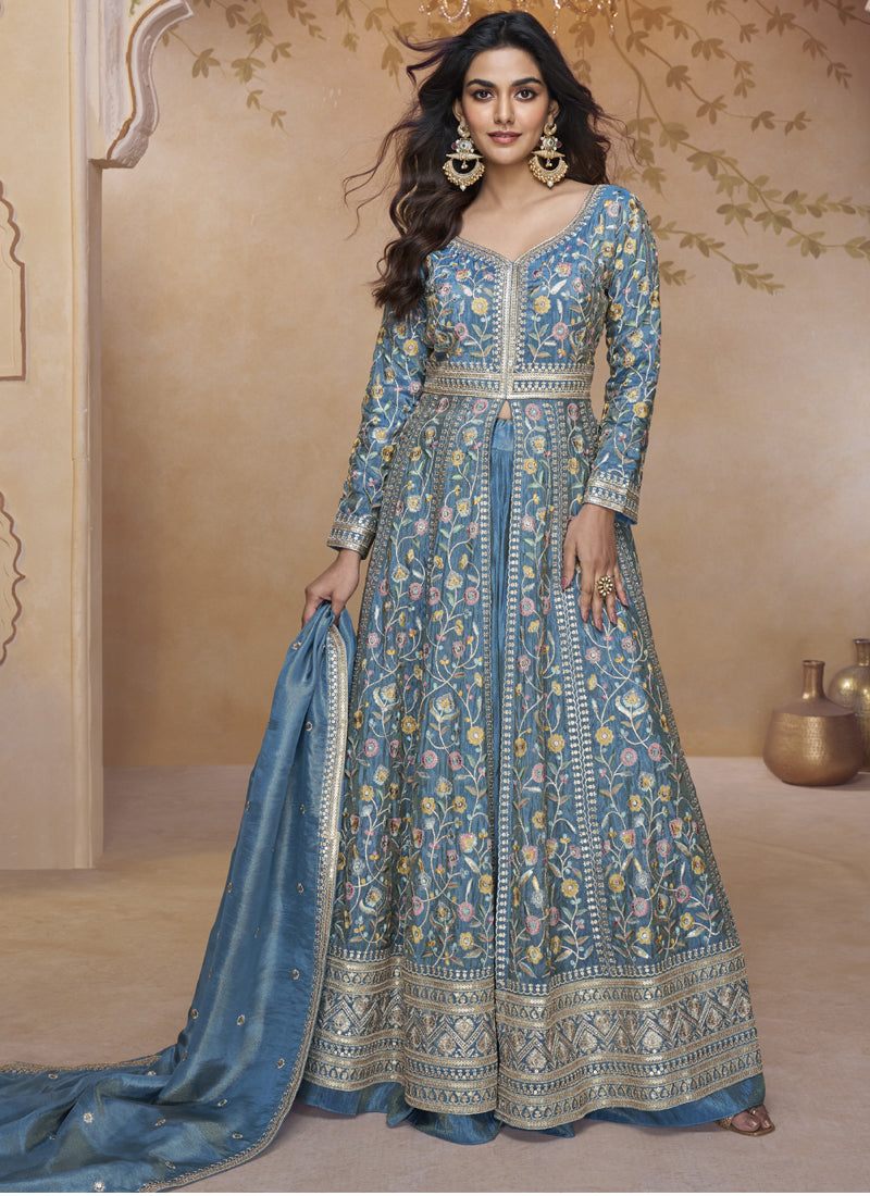 Vegaa Fashion Sky Blue Simar Silk Embroidered Wedding Wear Lehenga Style Suit - Distacart