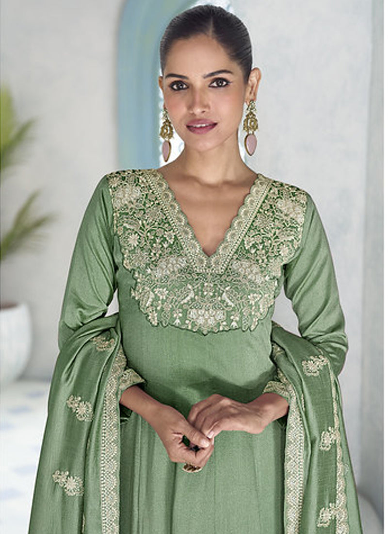 Vegaa Fashion Parrot Green Premium Silk Embroidered Sequence Anarkali Suit - Distacart