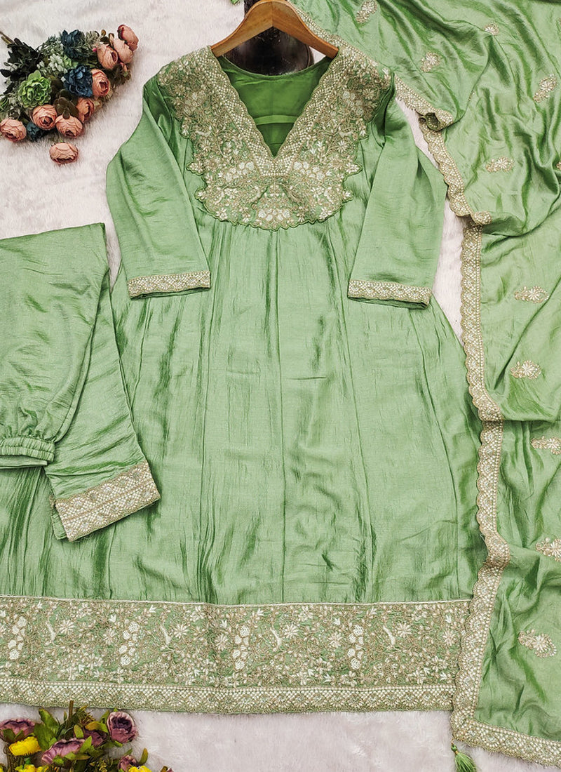 Vegaa Fashion Parrot Green Premium Silk Embroidered Sequence Anarkali Suit - Distacart