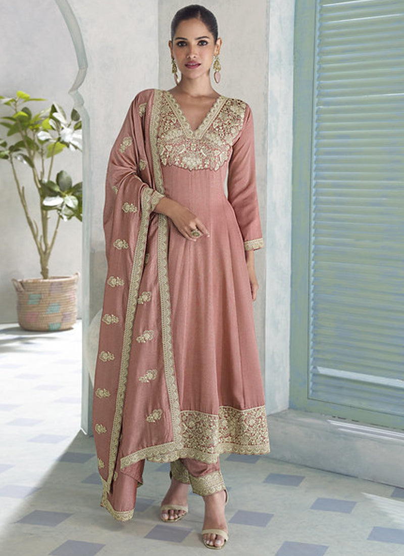 Vegaa Fashion Peach Premium Silk Embroidered Sequence Anarkali Suit - Distacart