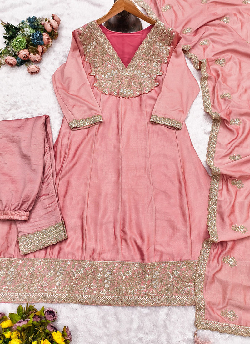 Vegaa Fashion Peach Premium Silk Embroidered Sequence Anarkali Suit - Distacart