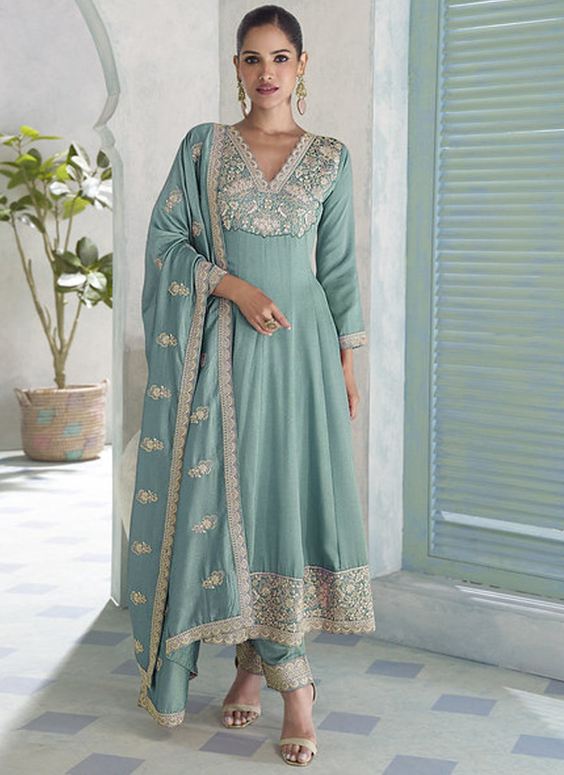 Vegaa Fashion Sky Blue Premium Silk Embroidered Sequence Anarkali Suit - Distacart