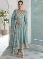 Vegaa Fashion Sky Blue Premium Silk Embroidered Sequence Anarkali Suit - Distacart