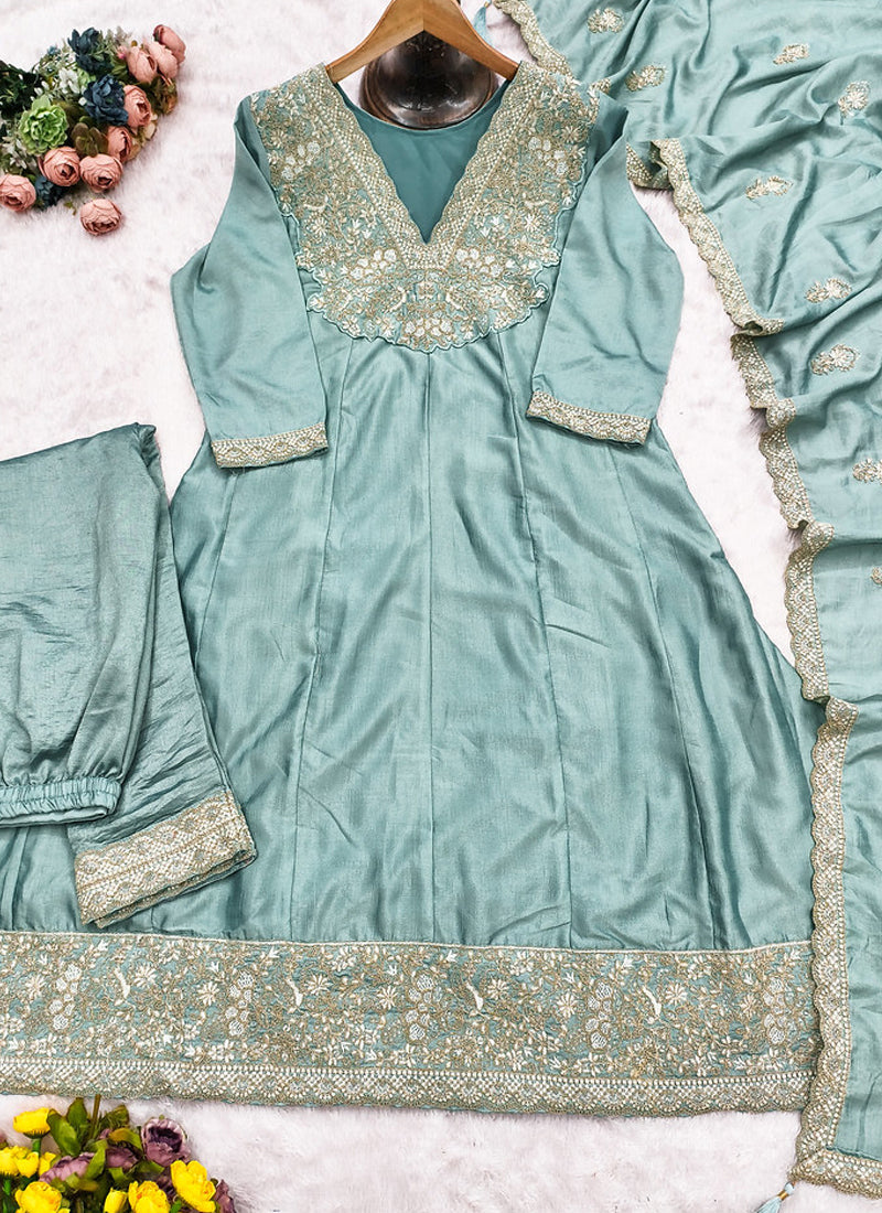 Vegaa Fashion Sky Blue Premium Silk Embroidered Sequence Anarkali Suit - Distacart