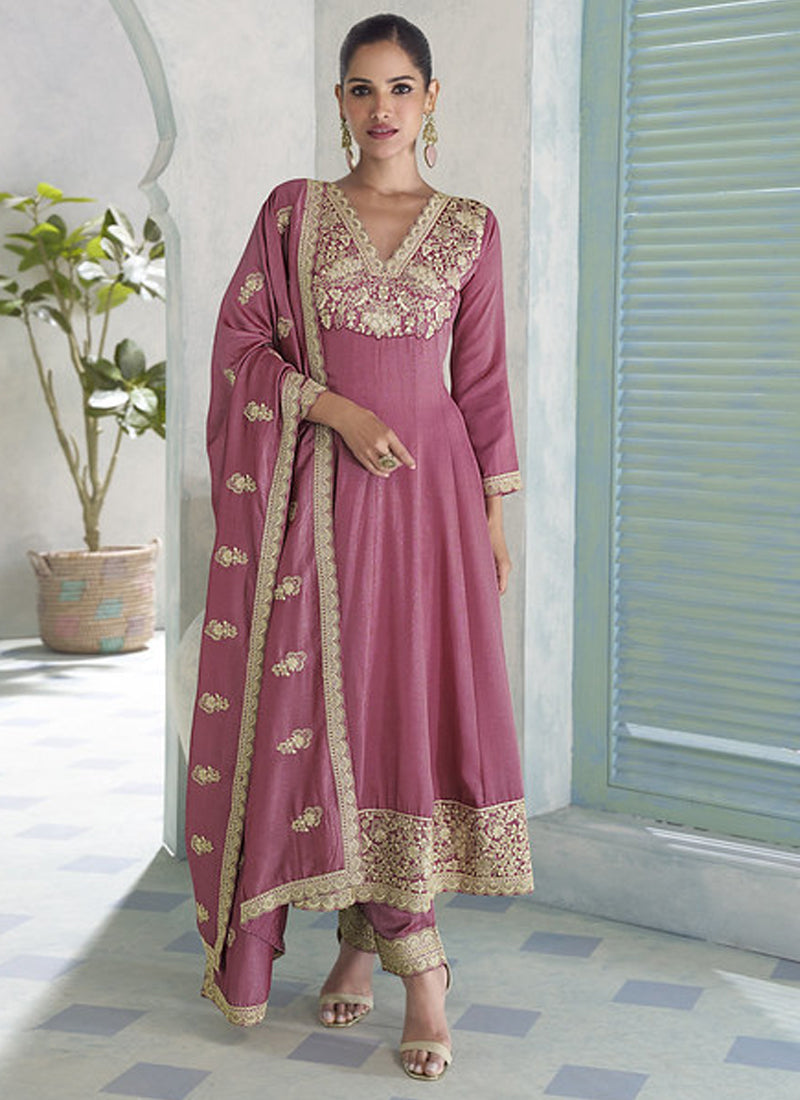 Vegaa Fashion Onion Pink Premium Silk Embroidered Sequence Anarkali Suit - Distacart