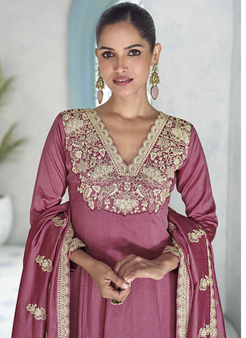 Vegaa Fashion Onion Pink Premium Silk Embroidered Sequence Anarkali Suit - Distacart