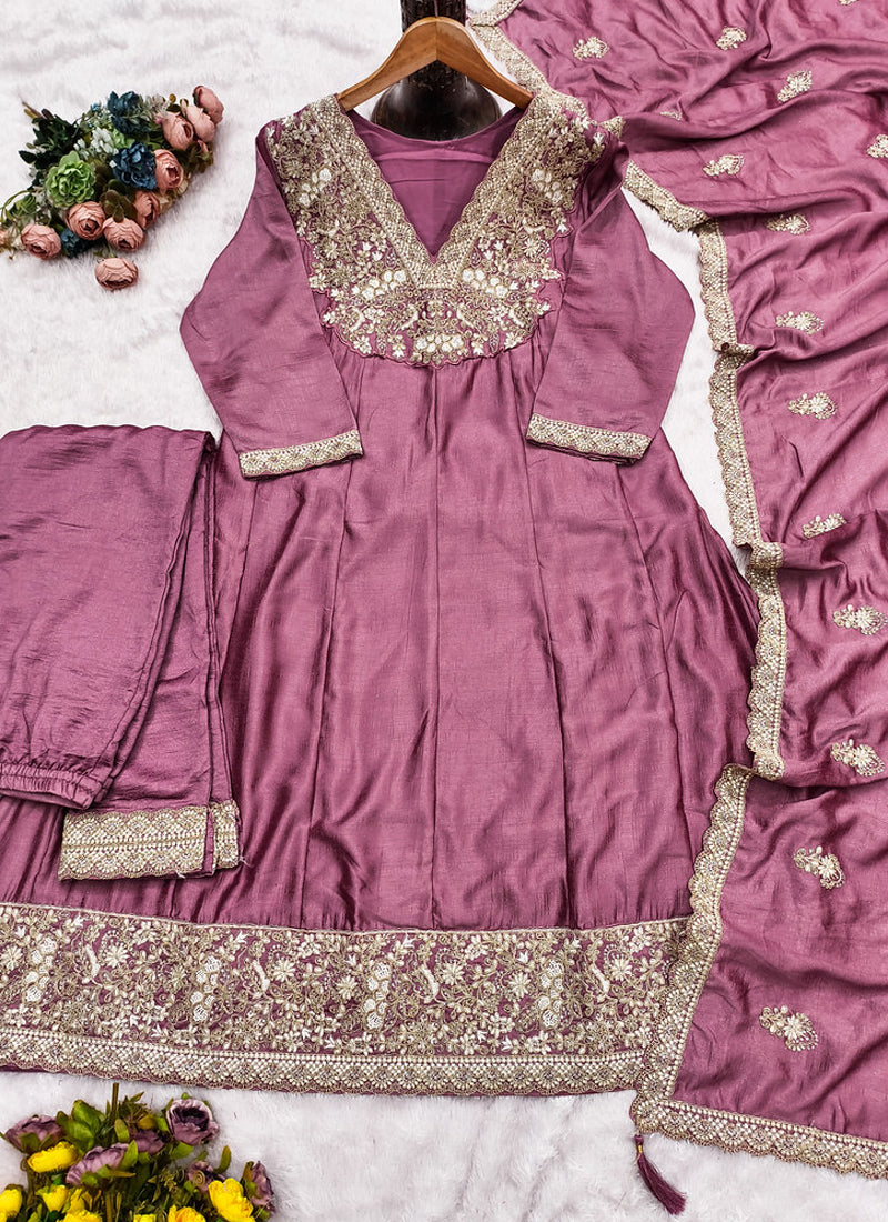 Vegaa Fashion Onion Pink Premium Silk Embroidered Sequence Anarkali Suit - Distacart