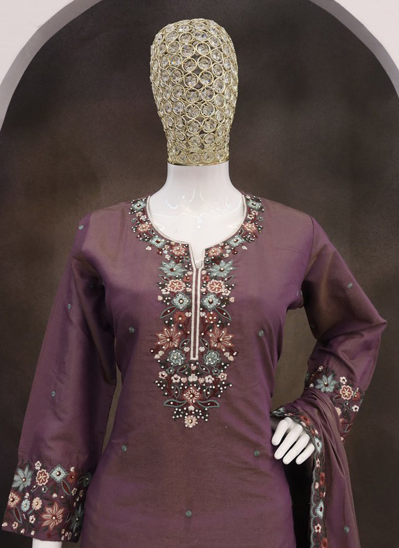 Vegaa Fashion Violet Simar Silk Embroidered Palazzo Suit
