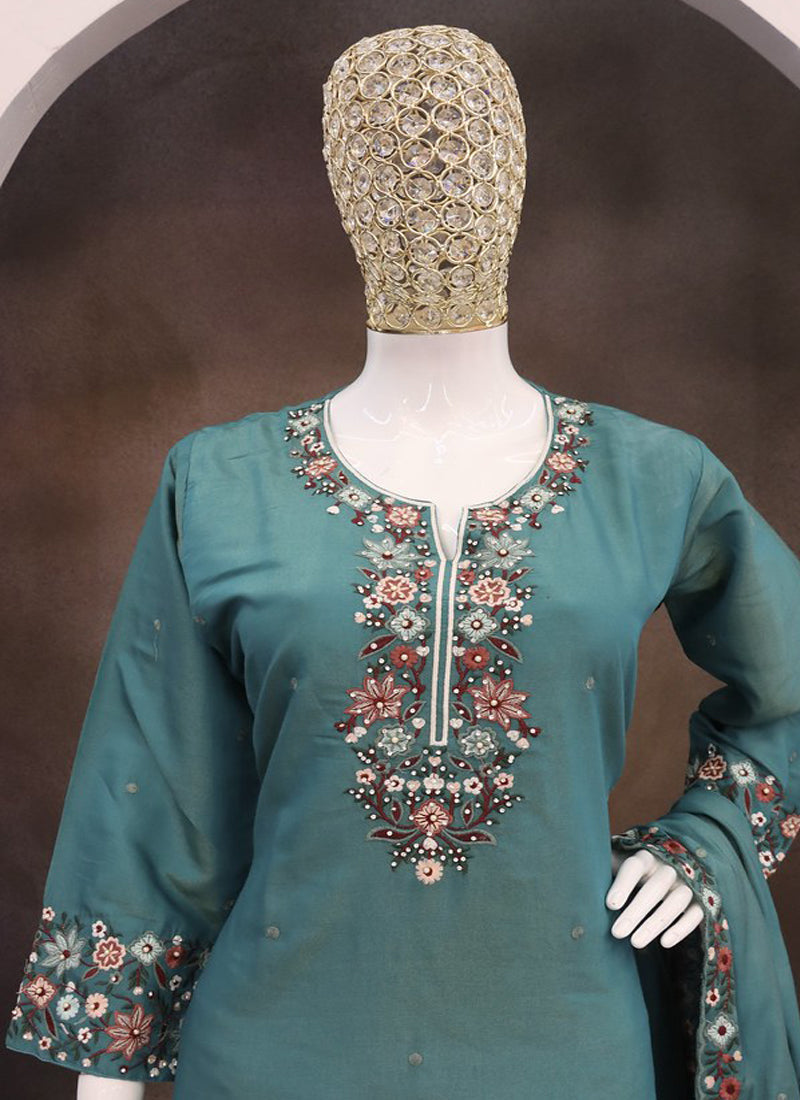Vegaa Fashion Turquoise Simar Silk Embroidered Palazzo Suit