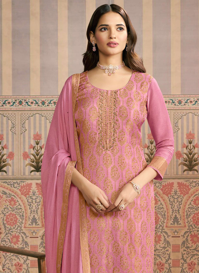 Vegaa Fashion Light Pink Jacquard Silk Hand Work Designer Salwar Suit - Distacart