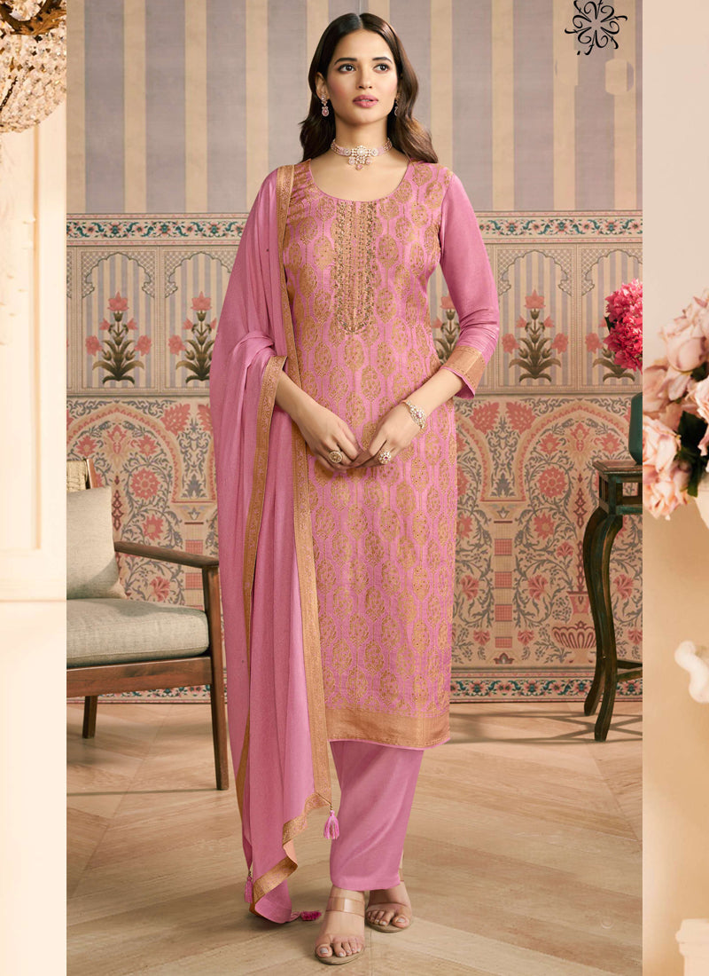 Vegaa Fashion Light Pink Jacquard Silk Hand Work Designer Salwar Suit - Distacart